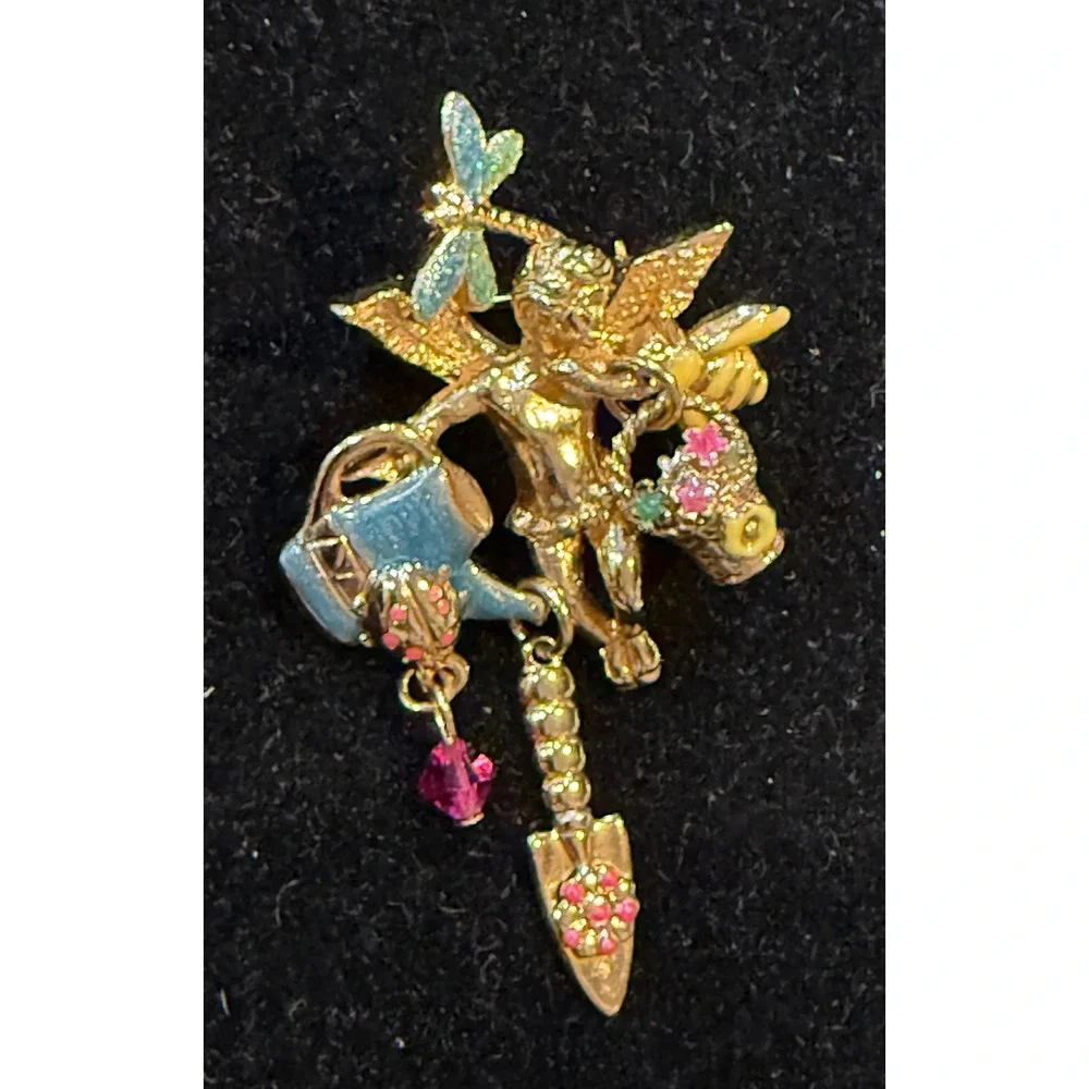Kirks Folly Garden Angel Brooch Gold Tone Enamel Dragonfly Bee Watering Can Pin